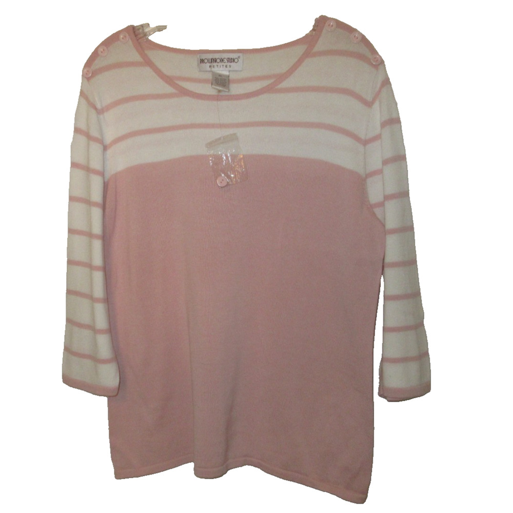 Brownstone Studio Petites Womens Sz PL Pink & White Stipes Knit Top 3/4 Sleeves